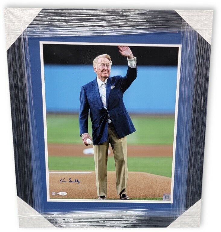 Vin Scully Signed Autographed 16X20 Photo Poster painting In Suit at Dodgers Stadium JSA FRAMED