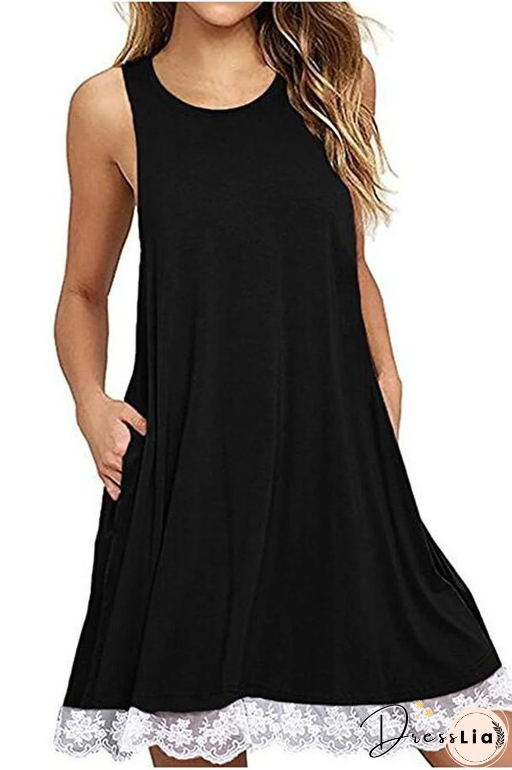 Solid Color Sleeveless Lace Dress