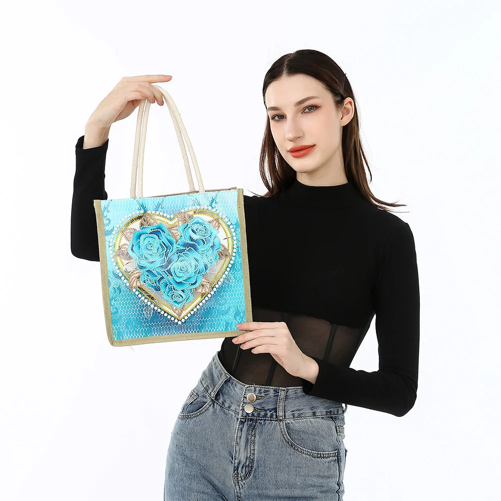 Rose Heart Diamond Painting Handbag DIY Linen Shopping Tote Bag