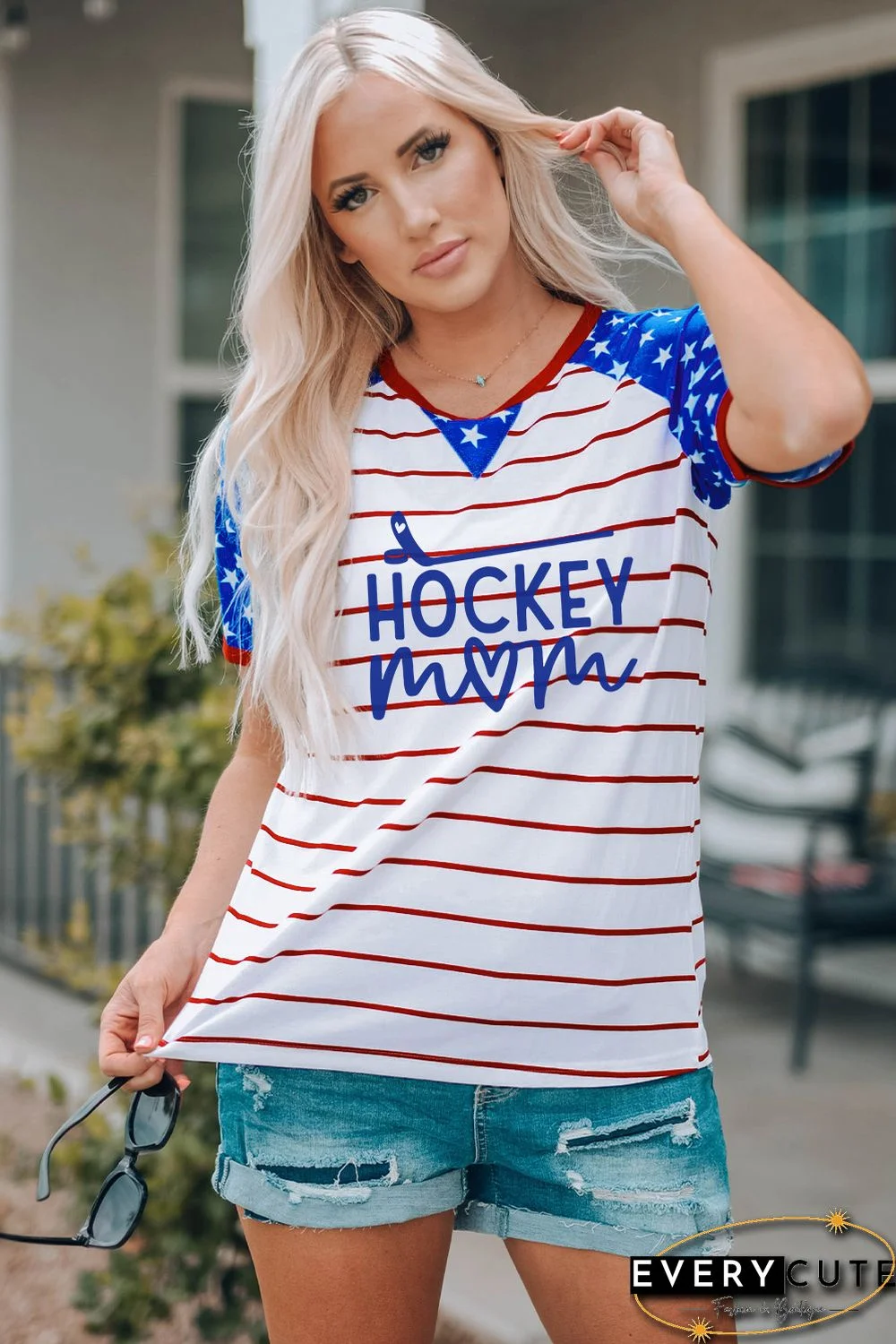 HOCKEY Mom US Flag Star Stripe Print Graphic Tee