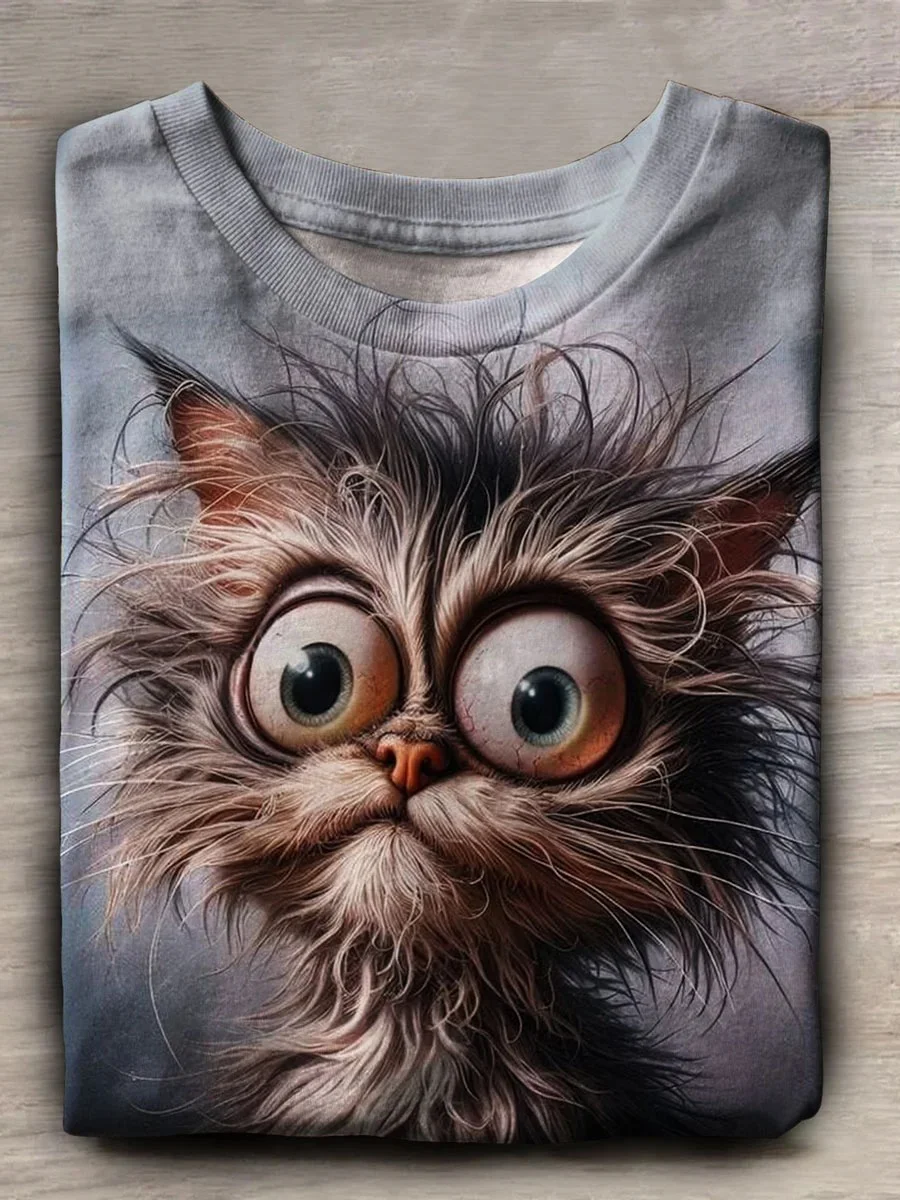 Eagerlys Funny Cat Print T-shirt Eagerlys