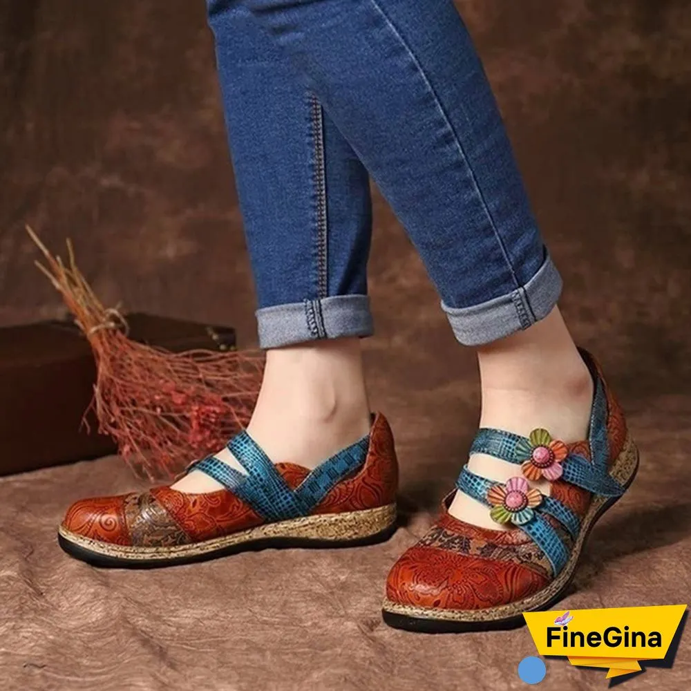 Vintage Floral Genuine Leather Splicing Colored Stitching Hook Loop Flat Shoes Spring Summer Casual Women Flat Shoes（2styles）