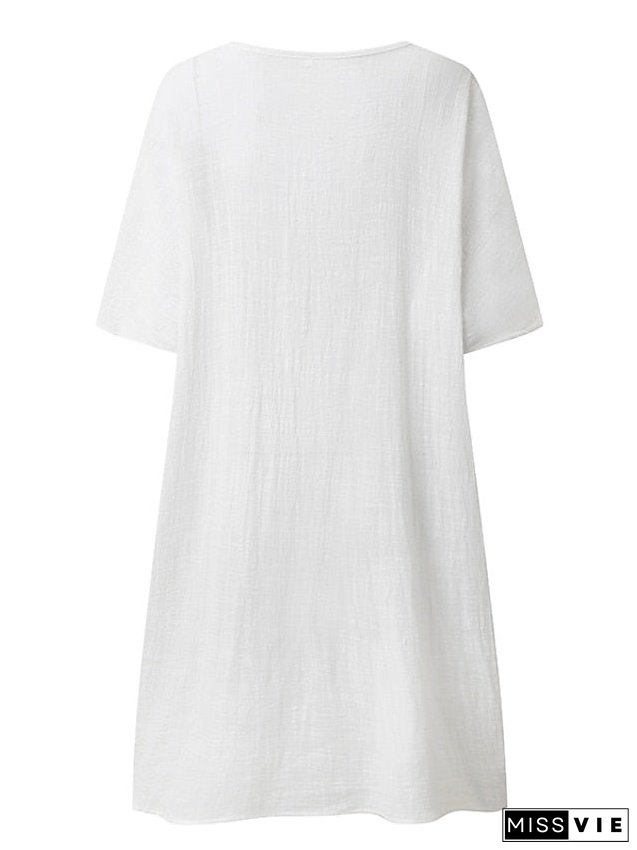 Women's Casual Dress Shirt Dress Cotton Linen Dress Mini Dress Blue Purple Pink Short Sleeve Pure Color Spring Summer V Neck Beach Basic Daily Weekend Loose Fit Linen S M L XL XXL 3XL