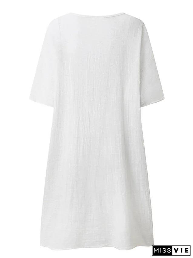 Women's Casual Dress Shirt Dress Cotton Linen Dress Mini Dress Blue Purple Pink Short Sleeve Pure Color Spring Summer V Neck Beach Basic Daily Weekend Loose Fit Linen S M L XL XXL 3XL