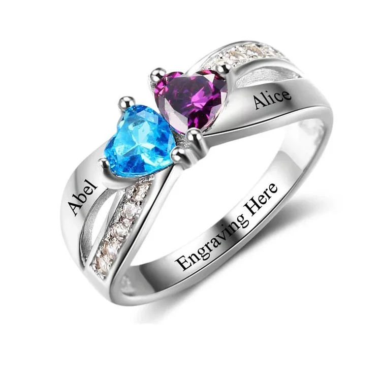 Promise Ring with 2 Birthstones Personalized Love Ring Customized with 2 Names Sterling Silver