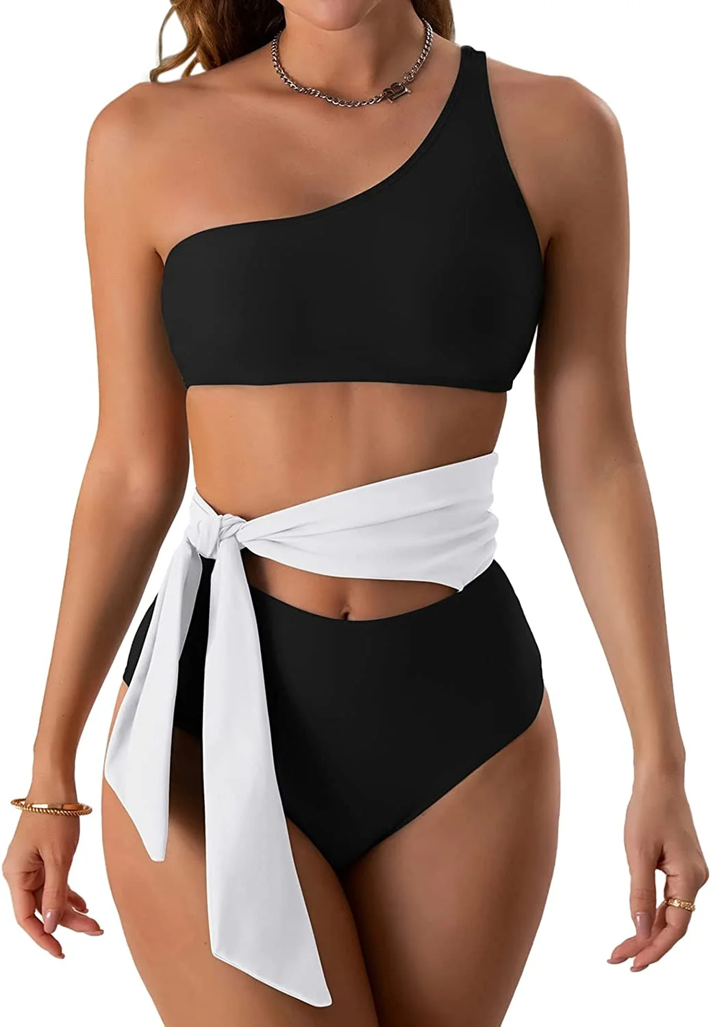 One Shoulder Tie Side High Waist Bikini Set