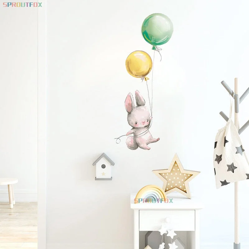 Cute Animal Panda Rabbit Koala with Ballon Bedroom Wall Stickers for Kids Rooms Nursery Home Decoration Kawaii Wall Decals