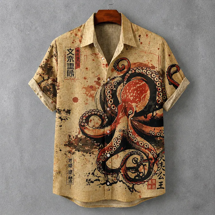 Men's Retro Japanese Art Octopus Print Cotton Linen Short-sleeve Shirt