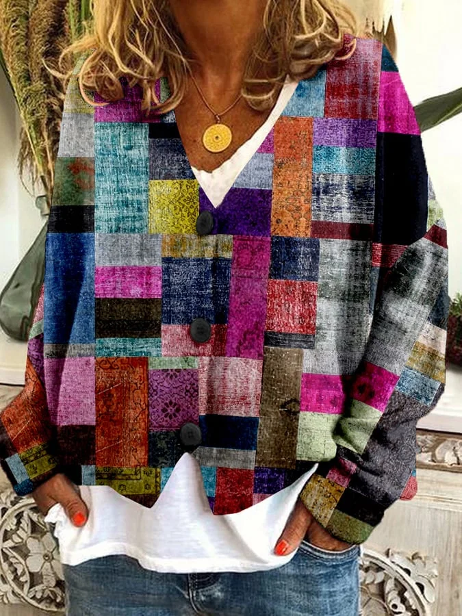 Vintage Check Print Casual Loose Button Flannel Cardigan