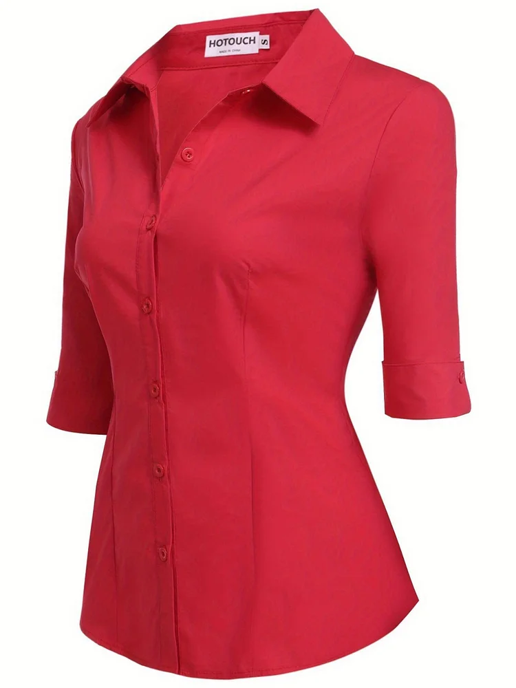 Women's Slim Fit 3/4 Sleeve Office Blouse - Purple Button-Up Shirt With Collar, Casual Summer Top, Machine Washable, Office Wear Blouse | Slim Fit Shirt | Shirt