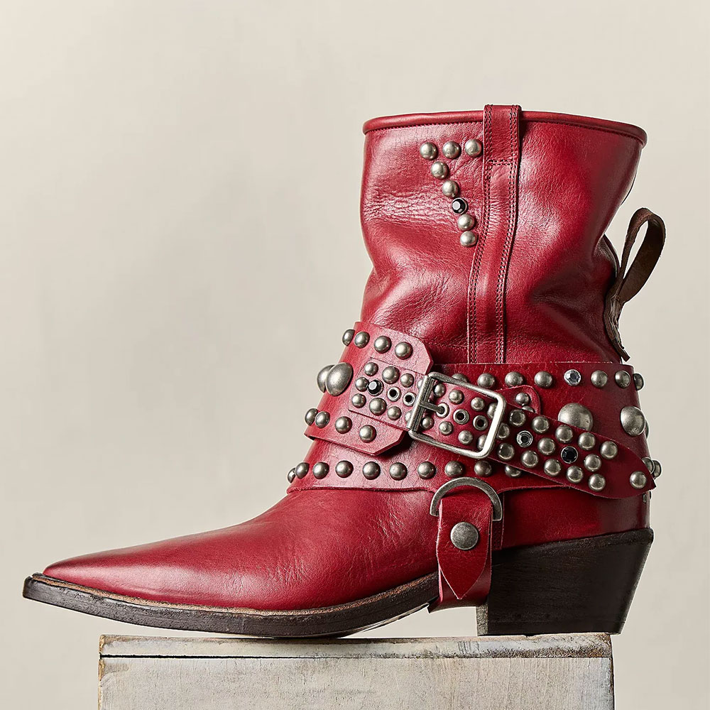 Red Pointed Toe Studded Buckle Strap Block Heel Cowboy Ankle Boots Nicepairs