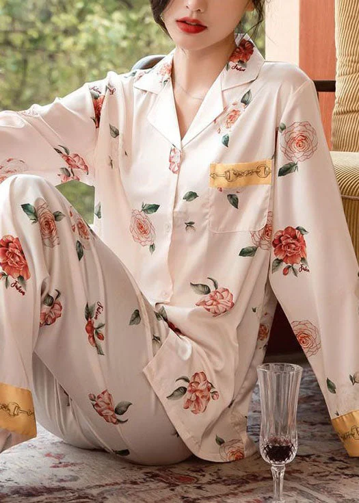 Fashion Light Pink Patchwork Print Silk Pajamas Two-Piece Set Spring