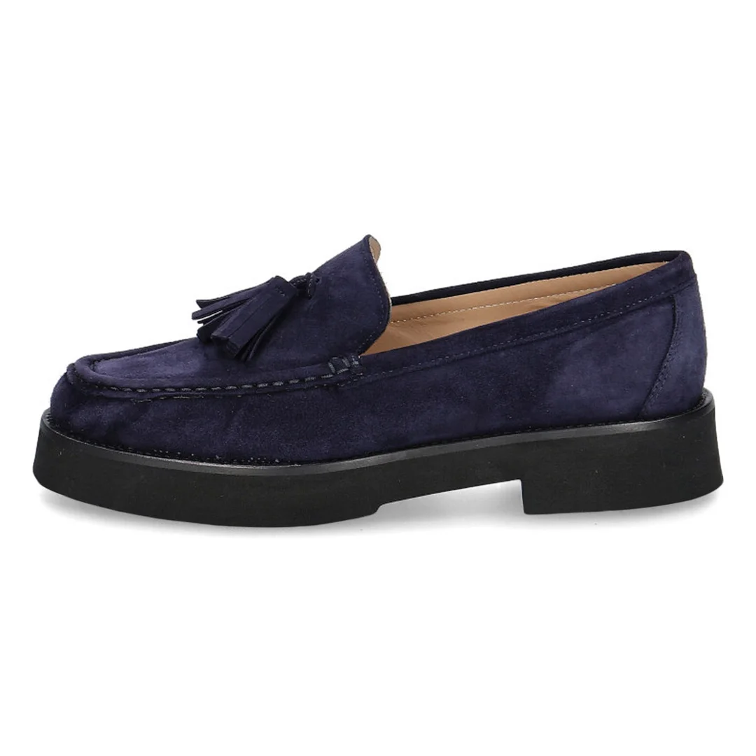 Navy Vegan Suede Slip-On Round Toe Platform Loafers with Fringe