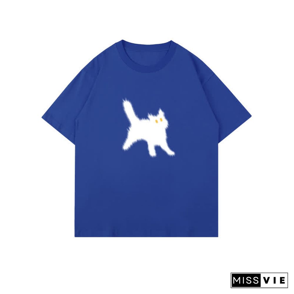 Cartoon Cat Print Round Collar Oversized T-Shirt