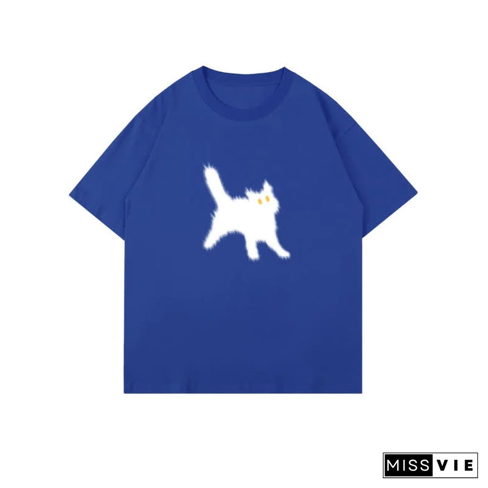Cartoon Cat Print Round Collar Oversized T-Shirt