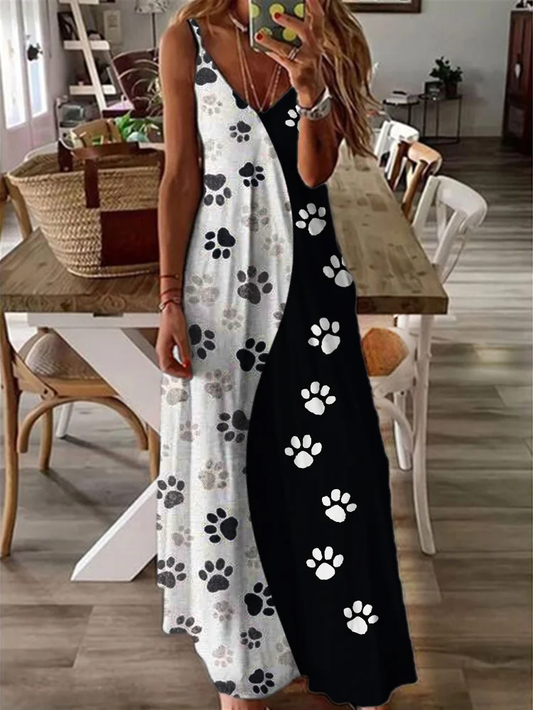 Pet Lover Paw Prints Contrast Art Cami Maxi Dress