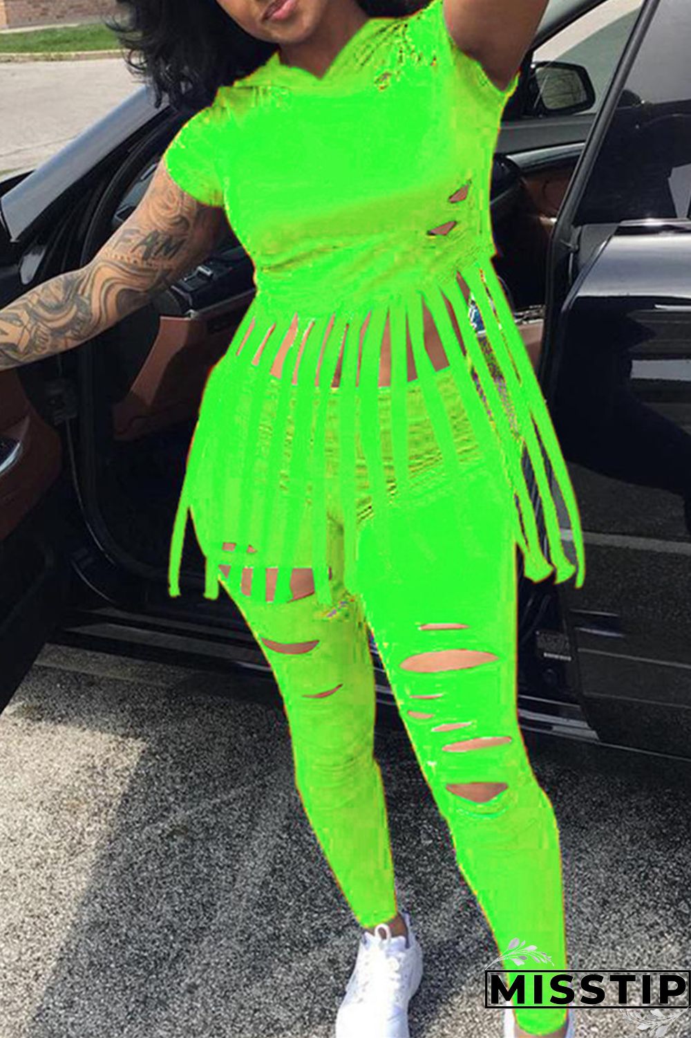 Blue Fashion Casual Solid Tassel Ripped Hooded Collar Plus Size Two Pieces