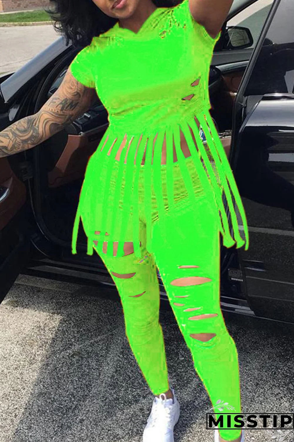 Blue Fashion Casual Solid Tassel Ripped Hooded Collar Plus Size Two Pieces