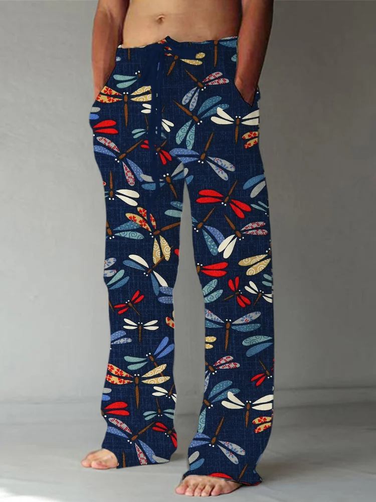 Colorful Dragonfly Japanese Print Linen Pants