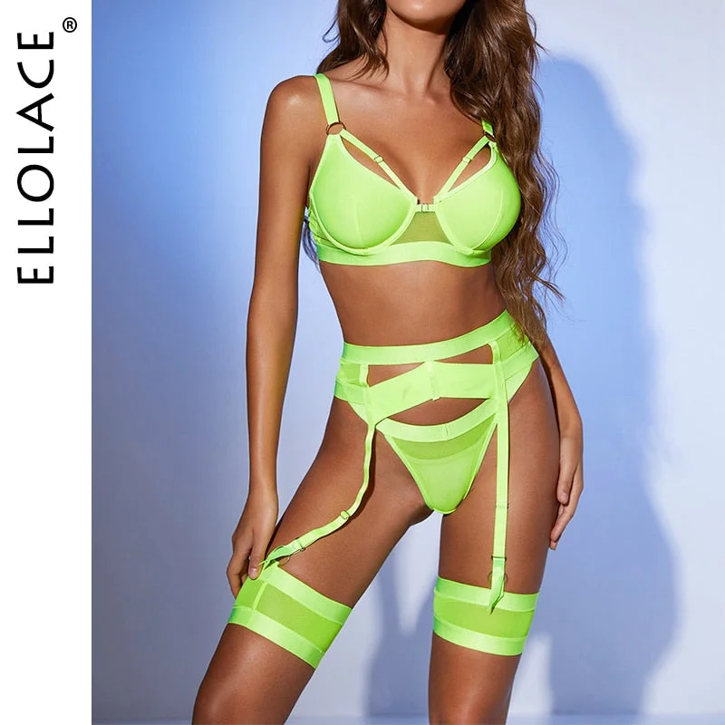 Ellolace Sexy Goth Women's Underwear Lingerie Hollow Out Black Exotic Brief 3 Piece Sets Setup Ladies Underwire Bilizna Set