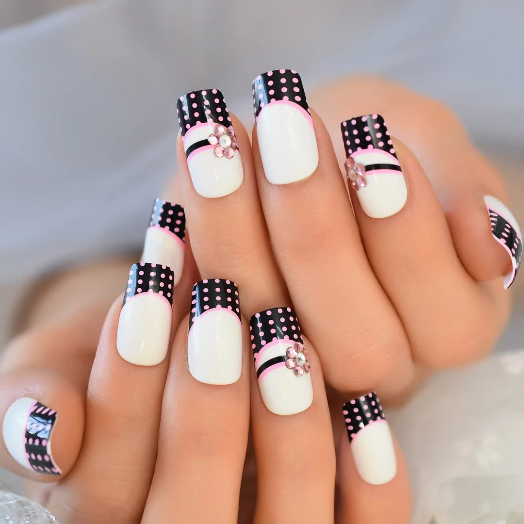 Iridescent White Instant French Nails Glitter Beveled Clear Short Square Fake Nail Art Tips Many Choice 24 Count 515-Nail Inspo