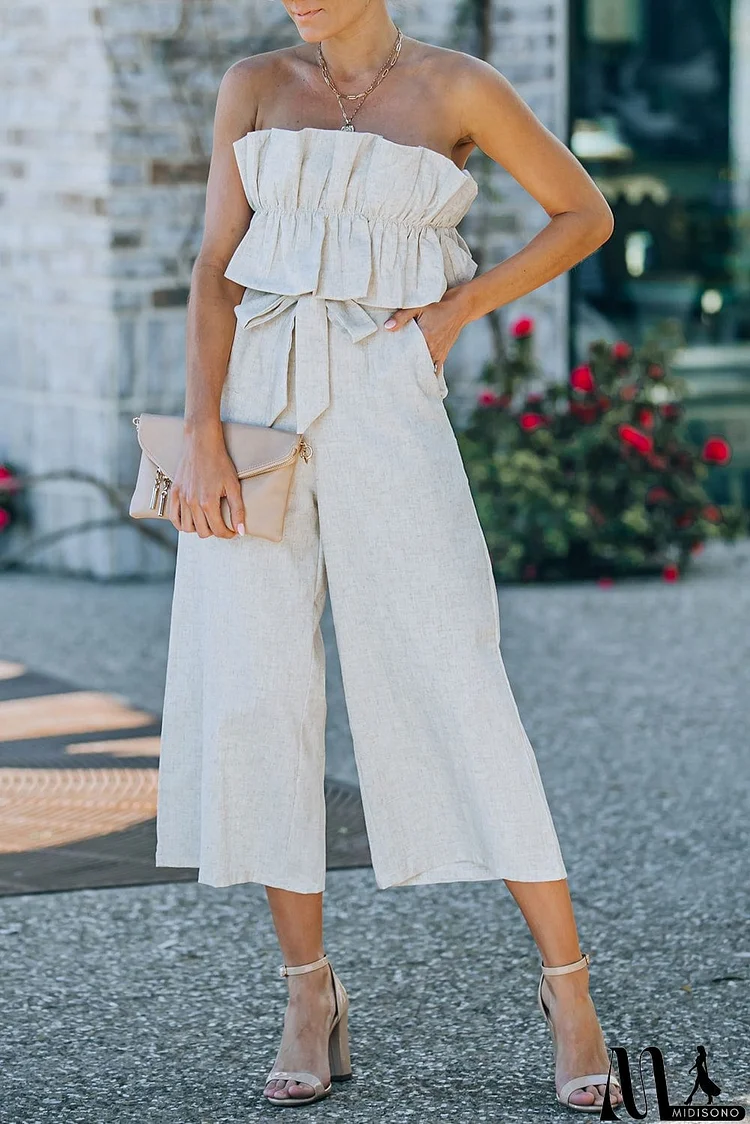 Beige Ruffled Strapless Wide Leg Jumpsuit