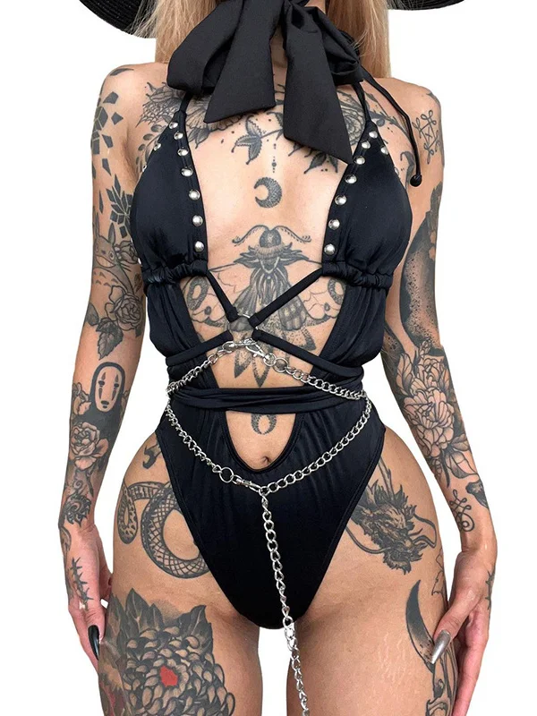 Gothic Dark Punk Sexy Cutout Sleeveless Bottoned Chain-trimmed Halter Lingerie