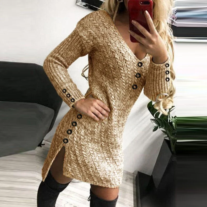 Spring Autumn Sexy Lady Deep V Neck Knitting Dress Women Elegant Solid Color Slim Party Dress Female Long Sleeved Dress Vestidos