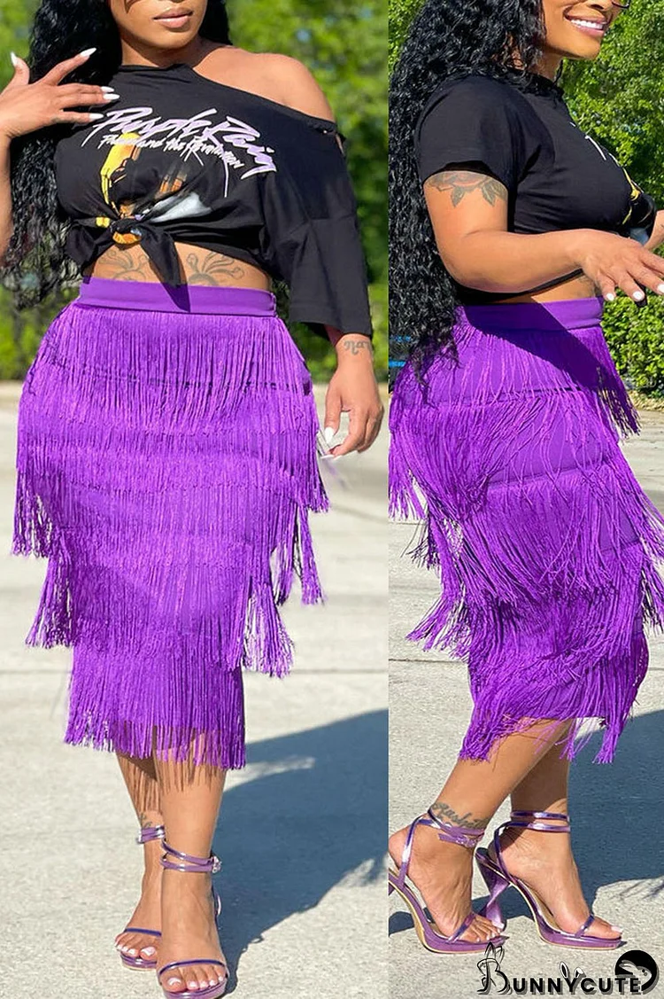 Purple Casual Print Tassel Split Joint O Neck Plus Size Two Pieces