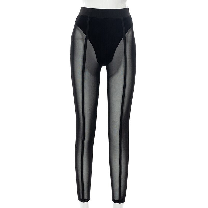 Hugcitar Pure Color Mesh High Waist Slim See Through Pants Leggings Skinny Sexy Streetwear Casual 2021 Women Autumn Winter