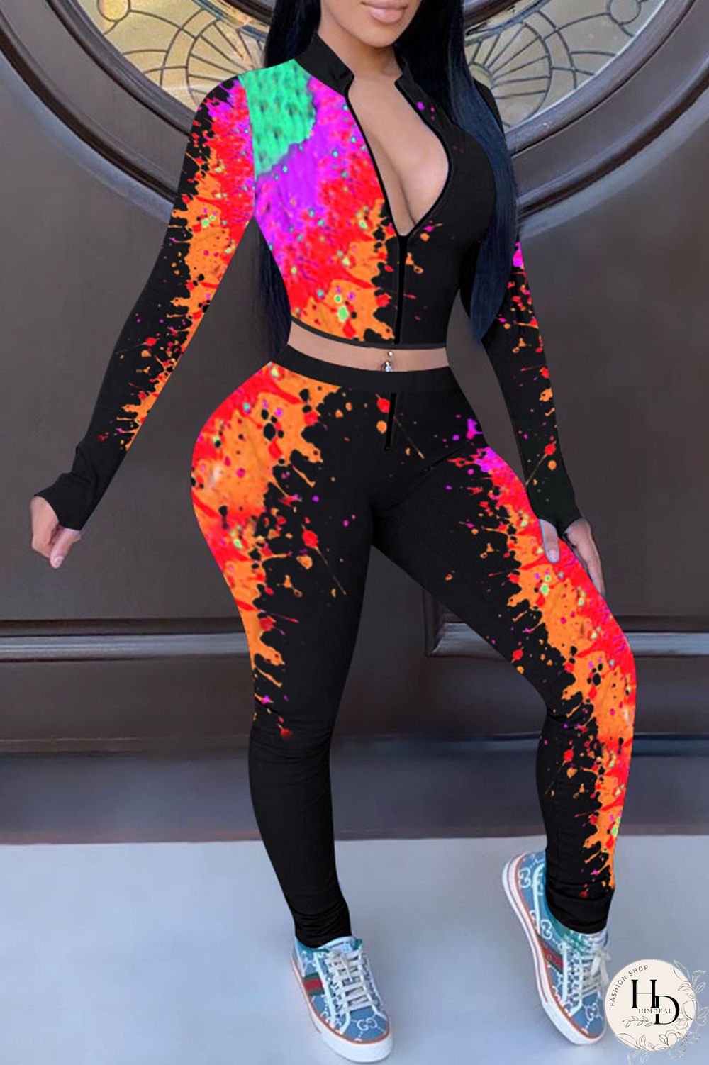 Yellow Casual Street Print Patchwork Zipper Collar Long Sleeve Two Pieces