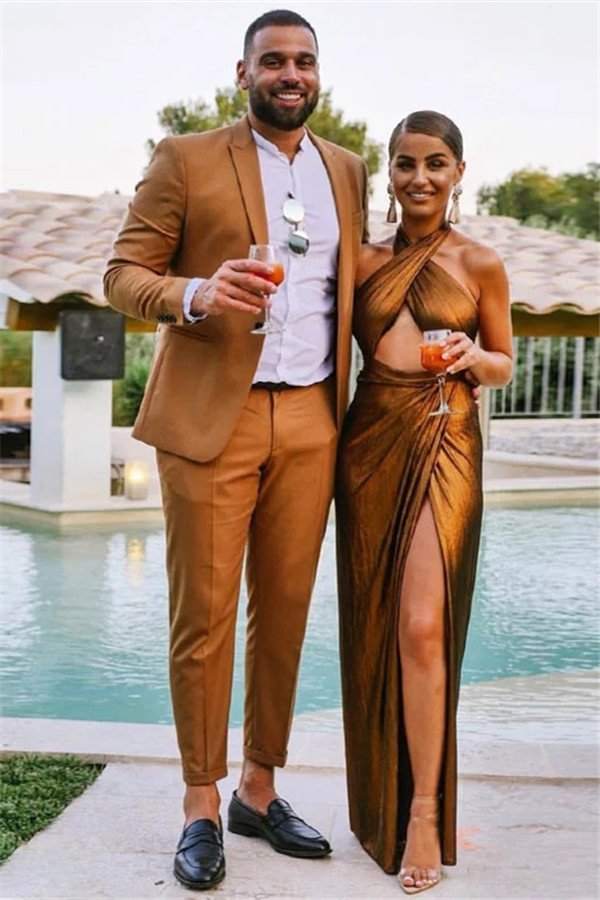 Stylish Brown Peaked Lapel Reception SuitFor Groom With One Button | Ballbellas Ballbellas