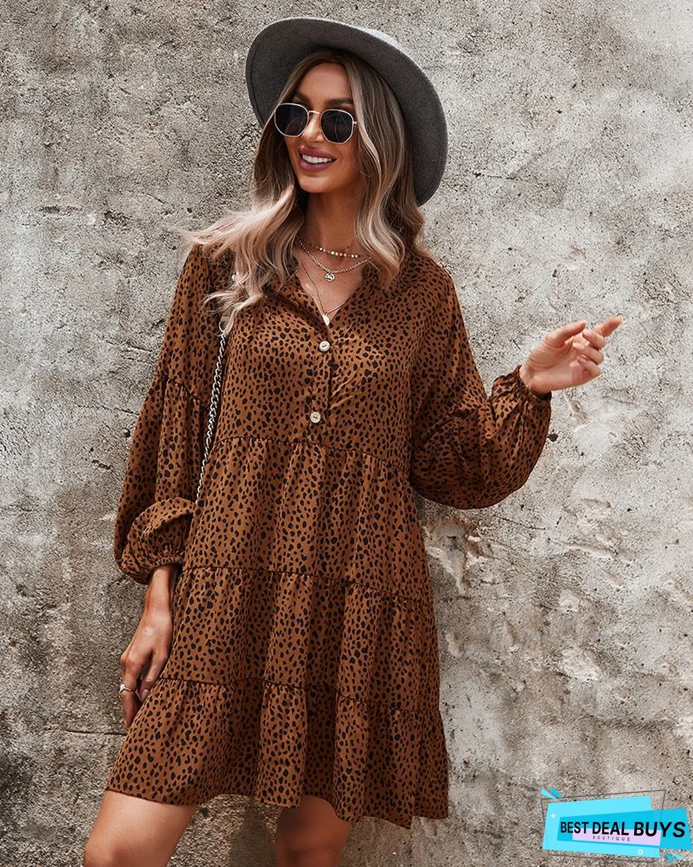 European and American Long Sleeve Fashion Women's Leopard Print Dress