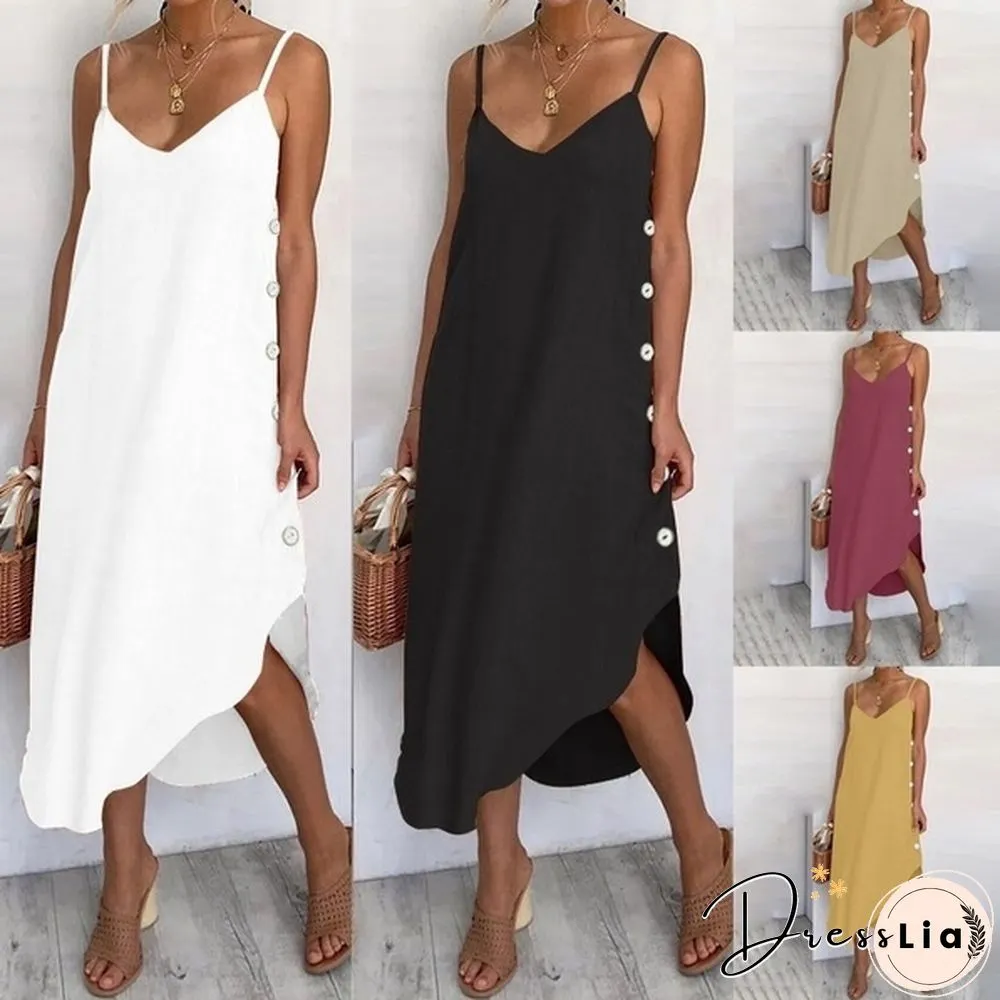 Womens Summer Long Dress Spaghetti Straps Neck Irregular Hem Holiday Casual Party Sundress
