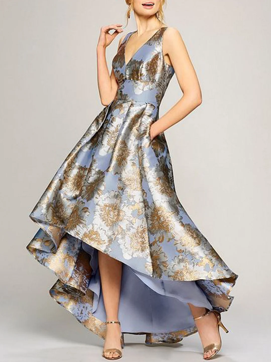 Asymmetric Printed Floral Sleeveless Elegant Prom Maxi Dress