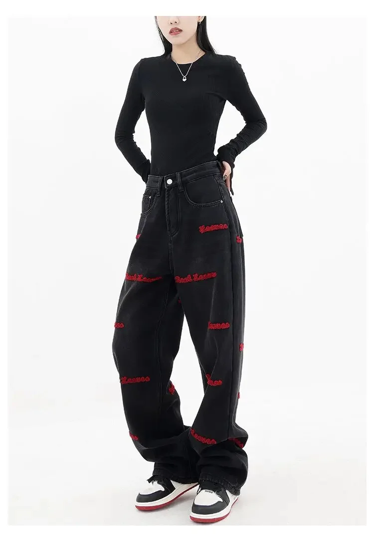 Brownm and autumn plus size women embroidered straight jeans loose slim high waist floor mopping wide leg pants baggy jeans