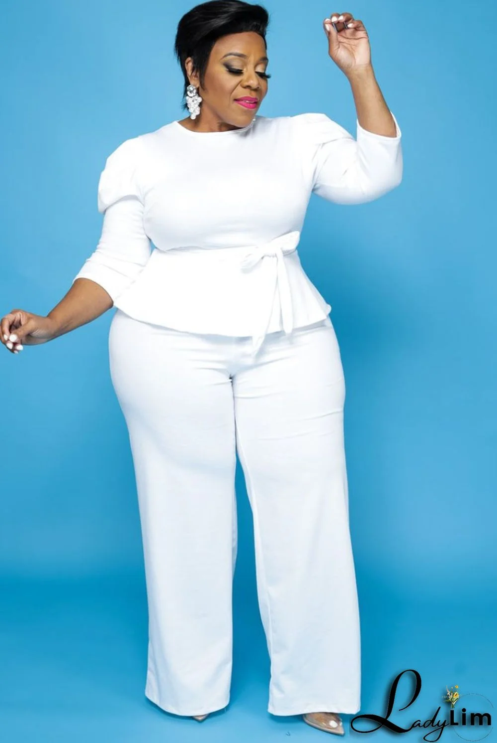 Autumn Plus Size Formal White Peplum Top and Pants Set