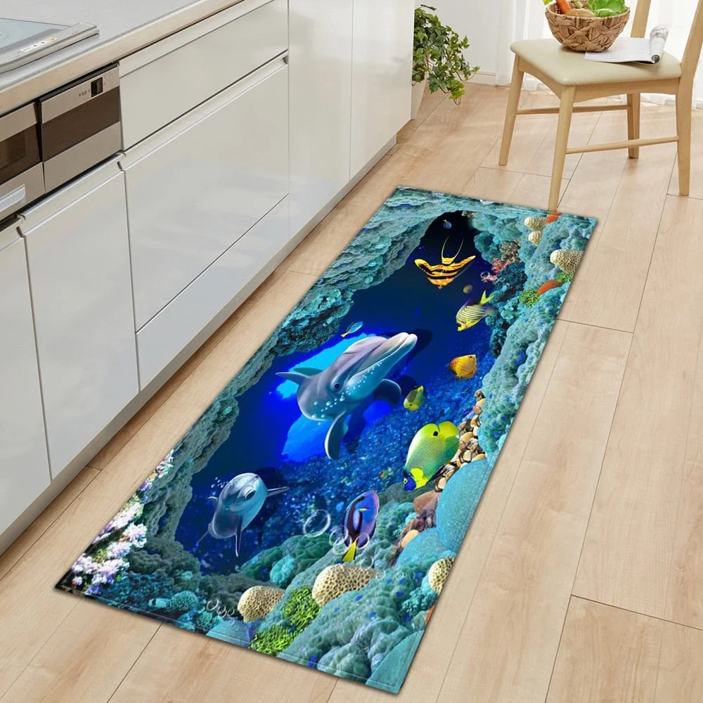 3D Ocean World Fish Carpet Kitchen Mat Entrance Doormat Bedroom Home Floor Decoration Living Room Carpet Bathroom Anti-slip Rug