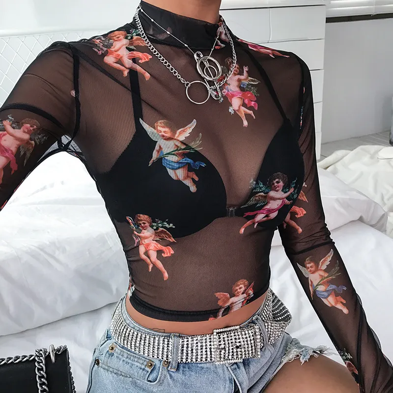 Uveng Uveng Women's Cheruel Print Gauze Short Long Sleeve T-Shirt Top Four-Leaf Clover Print Top