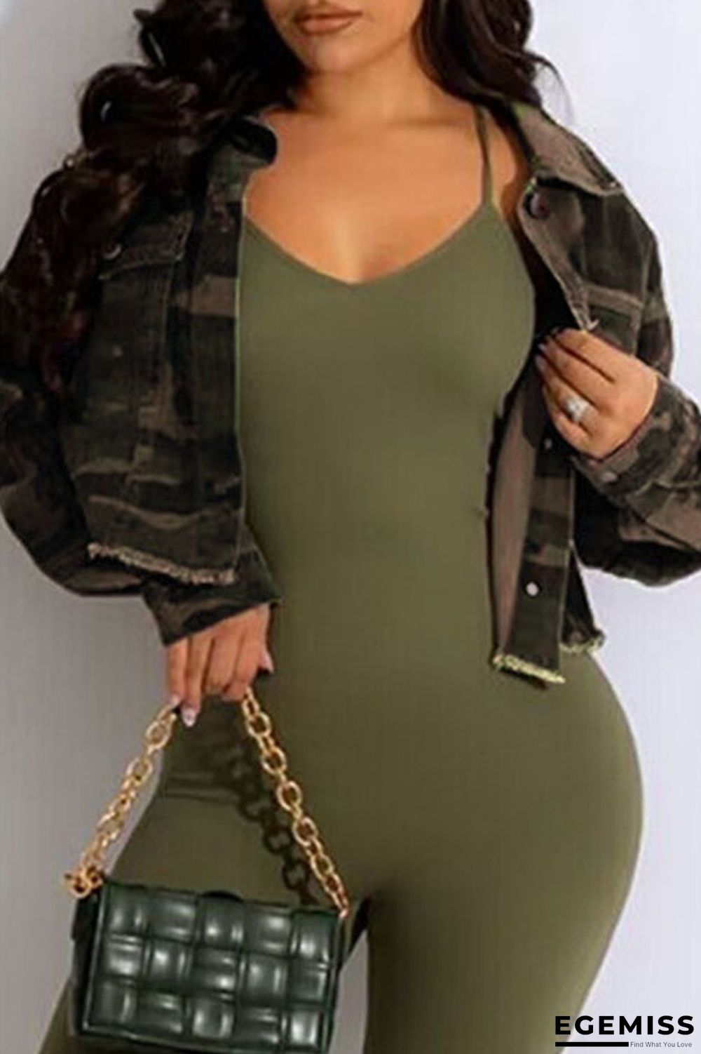 Army Green Casual Print Camouflage Print Patchwork Buckle Turndown Collar Long Sleeve Straight Denim Jacket | EGEMISS