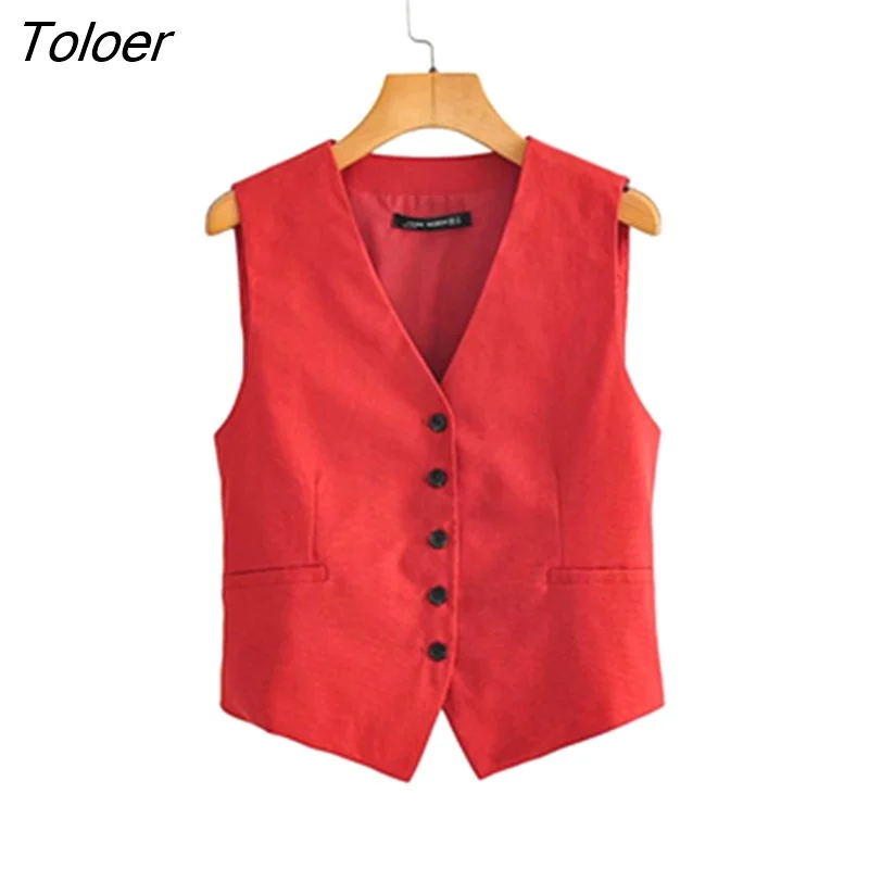 Toloer Women Vintage Single Breasted Linen Short Vest Jacket Ladies Sleeveless Slim WaistCoat Tops CT1118