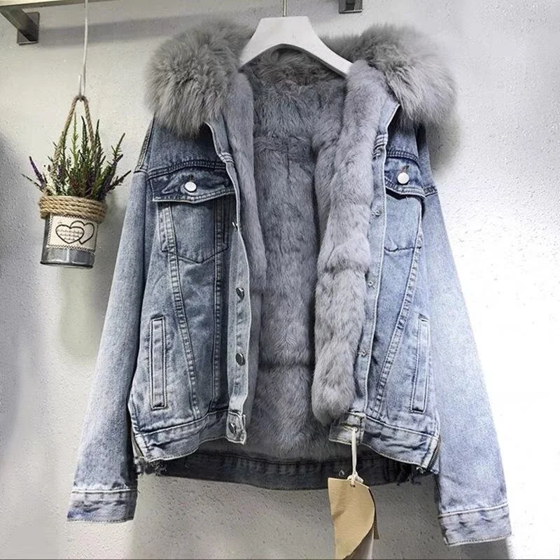 Woherb New Winter -30 ℃ Fur Denim Jacket Single Breasted Streetwear Loose Parka Women Oversize 2XL Harajuku Denim Coat