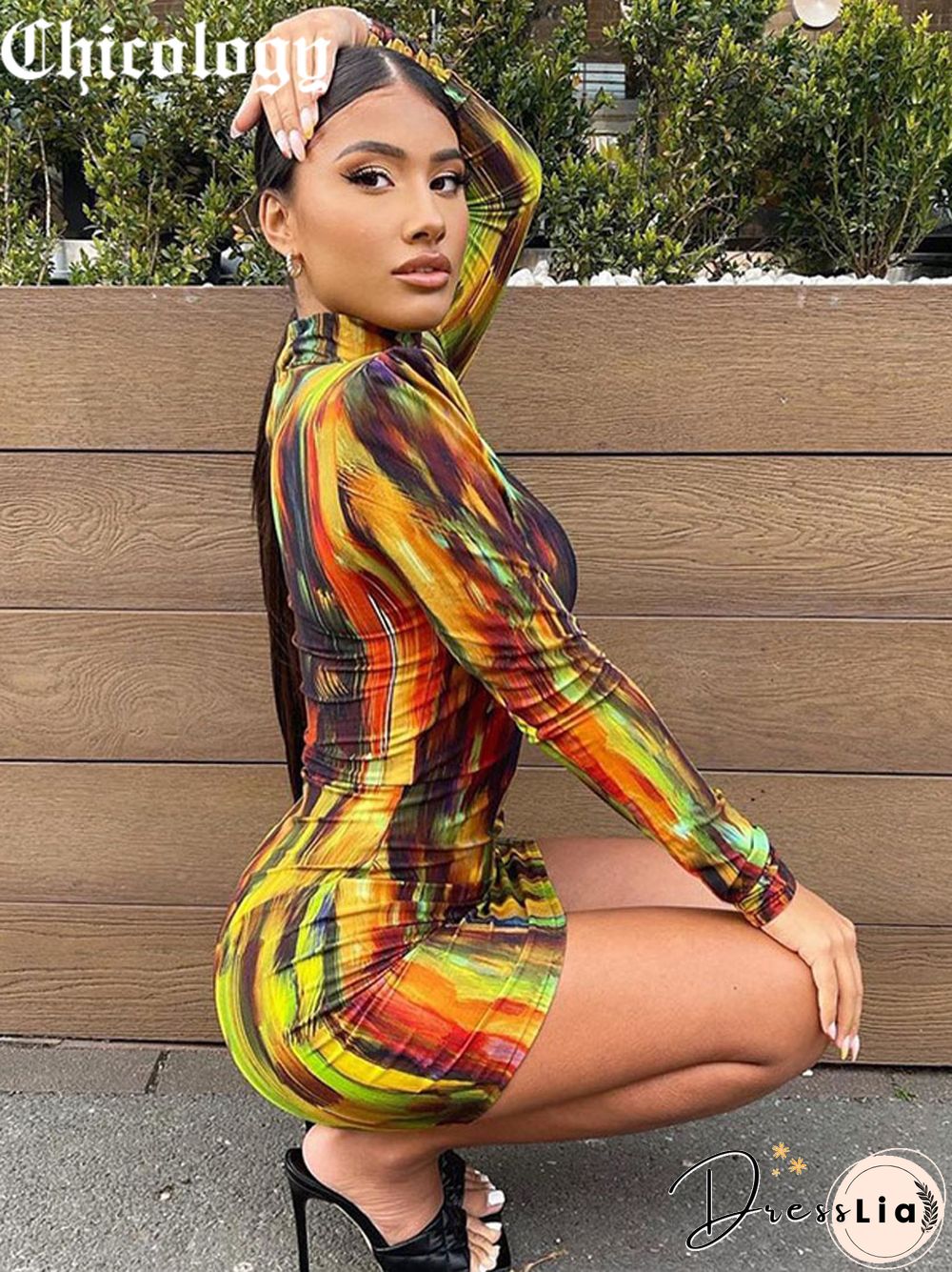 Chicology Women Tie Dye Print Women Long Sleeve Mini Dress Shoulder Pad Bodycon Sexy Streetwear Party Clothes Y2K Outfits