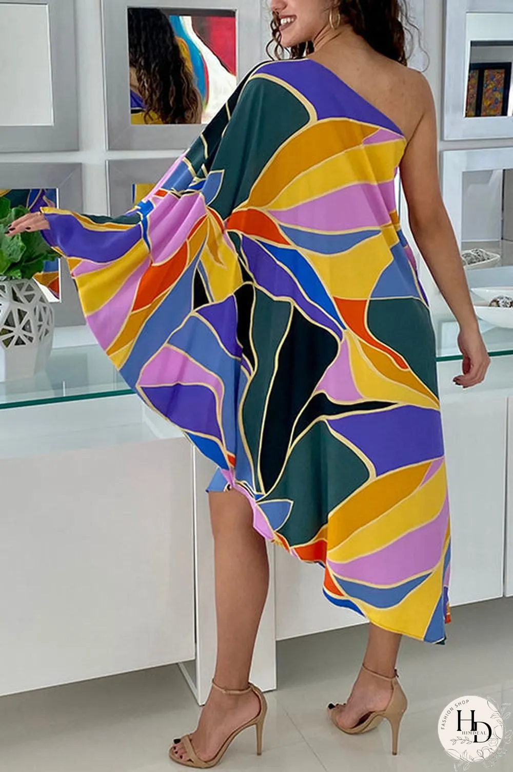 Multi Print Asymmetrical One Shoulder Dress