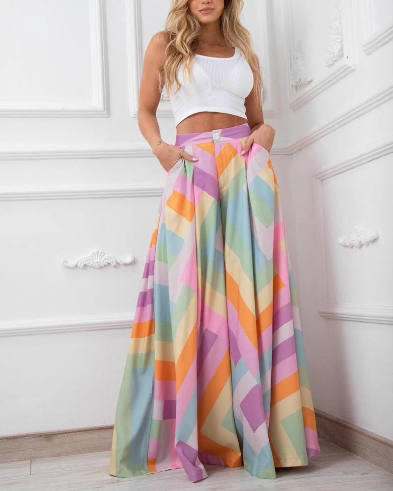 Casual Solid Color One Shoulder Top & Printed Wide Leg Pants Two Piece Set