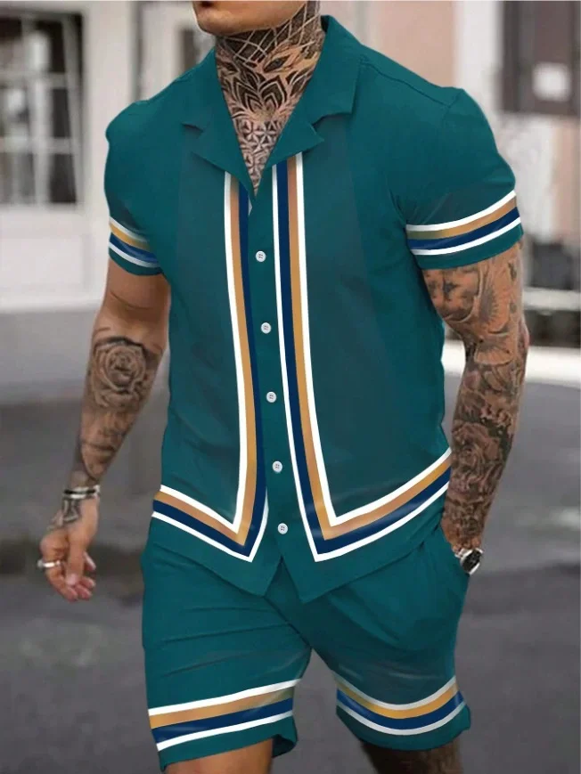 [S-3XL]Men's Classic Casual Striped Digital Print Cuban Collar Shirt Shorts Two-Piece Set