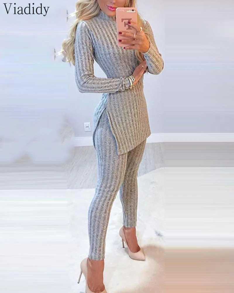Yyvonne Women Winter 2pcs Suit Long Sleeve Ribbed Slit Long Top and High Waist Knitted Pencil Pants Set