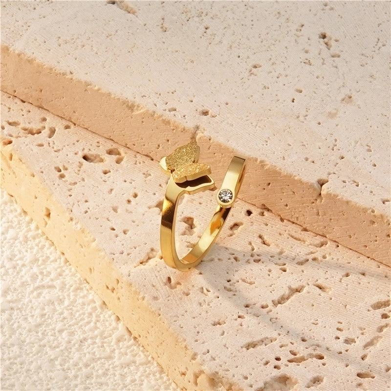 Sweet Minimalist Butterfly 304 Stainless Steel Artificial Rhinestones 18K Gold Plated Plating Butterfly Open Rings