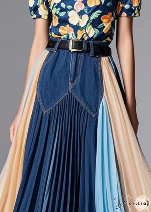 Women Navy Patchwork Exra Large Hem Denim Skirts Fall