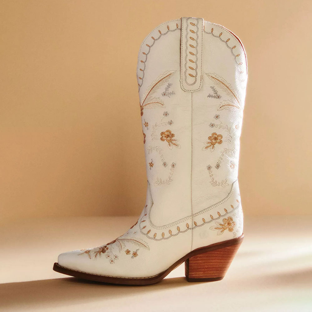 White Snip Toe Floral Embroidered Mid-Calf Cowboy Boots for Women